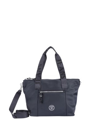 Borsa a tracolla in nylon nero con manici corti doppi e una tracolla rimovibile. Presenta una tasca frontale con zip e un emblema del logo.