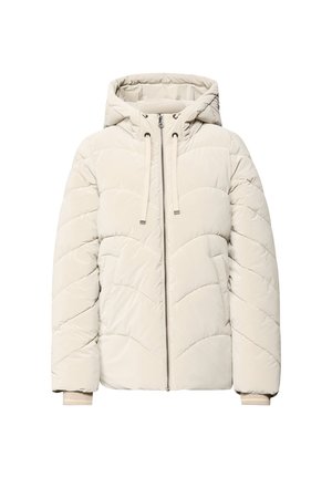 Beige gewatteerde pufferjack met capuchon, voorzijde met rits, trekkoorden en elastische manchetten, ontworpen voor koud weer.