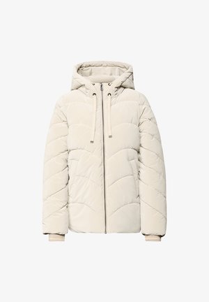 Beige quilted puffer jacket with hood, front zipper, drawstrings, and elastic cuffs designed for cold weather.