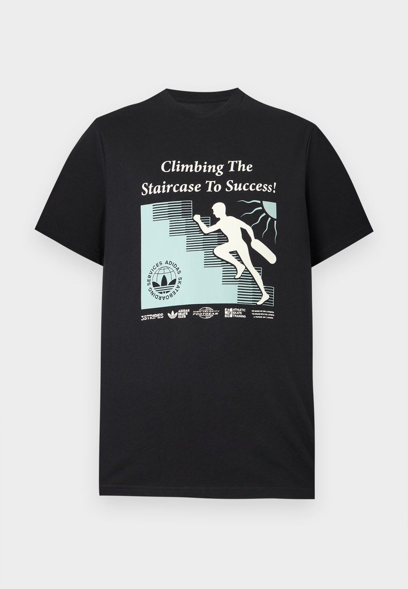 Schwarzes T-Shirt mit einer Grafik einer Person, die eine Treppe hinaufsteigt und ein Skateboard hält, und dem Text „Climbing The Staircase To Success!“