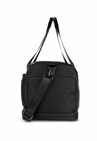 Sac en tissu noir à bandoulière réglable, fermeture zippée, surface texturée et poche avant. Présente des accents en métal.