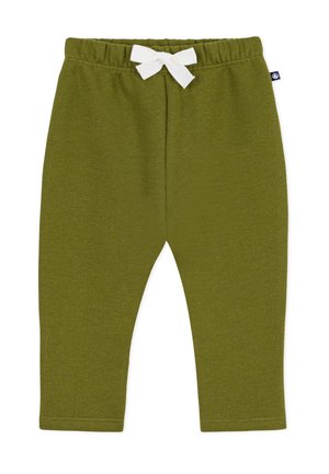 Bløde olivengrønne babyleggings med elastisk taljebånd og dekorativ hvid sløjfe foran i midten, vist fladt på hvid baggrund.