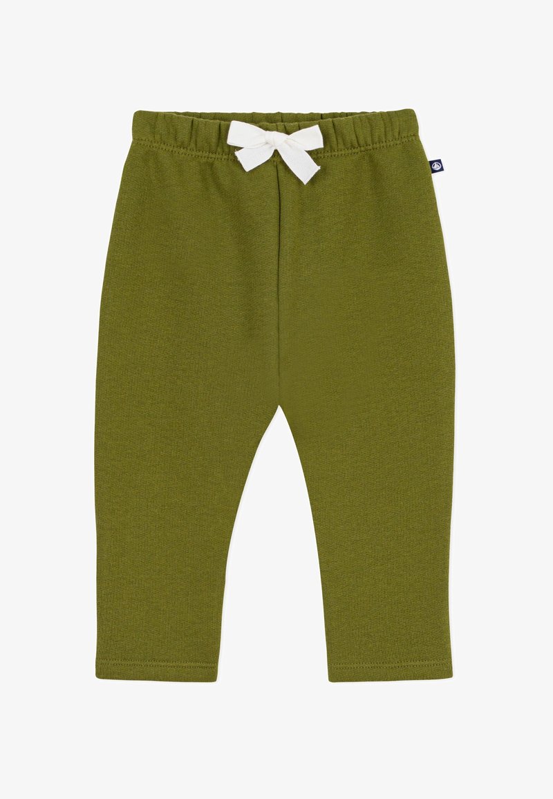Leggings bébé doux vert olive avec taille élastique et nœud blanc décoratif au centre devant, présentés à plat sur fond blanc.