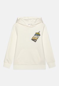 Haut à capuche couleur crème en tissu doux, avec une poche frontale et un design graphique d'une tasse avec du texte sur le côté gauche de la poitrine.