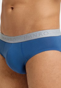 Blauwe katoenen slips met een grijze elastische tailleband waarop de merknaam "HANRO" is gedrukt. Zachte textuur en aansluitend ontwerp.