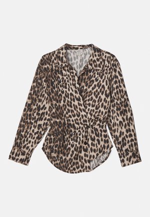 Løveprint skjorte i beige og brune toner, laget av lett stoff. Har krage, knappefront og lange ermer.