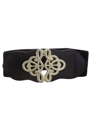 Zwarte brede riem met een gestructureerde zilverkleurige metalen siergesp met verweven lussen en geometrische vormen.