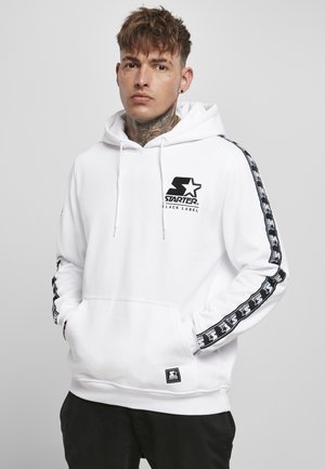 Hvid hættet sweatshirt med sort logo og sideliste-design. Har en frontlomme, justerbar snore-træk og ribbede manchetter.