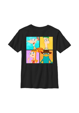 Sort T-shirt med farverige firkantede paneler, der viser tegneseriefigurerne Phineas, Ferb, Candace og Perry næbdyr med "Phineas and Ferb" logoet.