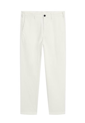 Pantaloni bianchi in cotone con un design a gamba dritta, dotati di una chiusura con un singolo bottone nero, tasche laterali e dettagli di cucitura puliti.