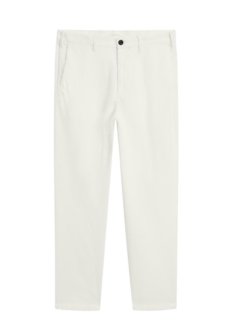 Pantalon en coton blanc avec une coupe droite, doté d'une fermeture à un bouton noir, de poches latérales et de détails de couture soignés.