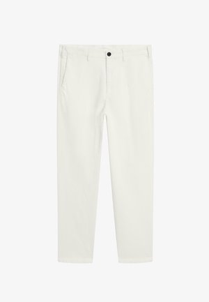 Pantaloni bianchi in cotone con un design a gamba dritta, dotati di una chiusura con un singolo bottone nero, tasche laterali e dettagli di cucitura puliti.