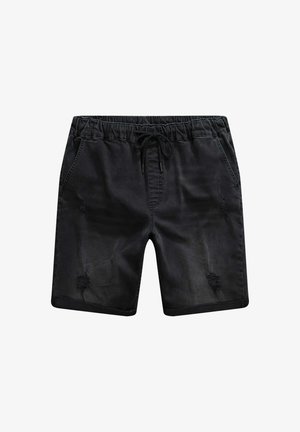 Sorte denim shorts med elastisk talje, snøre, sidelommer og slidte detaljer foran for et røft udseende.