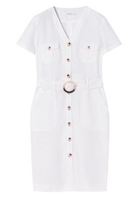 Weißes Leinenkleid mit kurzen Ärmeln, V-Ausschnitt, zwei Brusttaschen, Knopfleiste und einem Stoffgürtel mit einer großen, runden Schnalle.