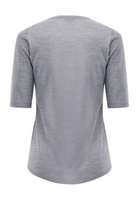 Graues Kurzarmoberteil mit rundem Halsausschnitt, leichtem Material und glatter Oberfläche, mit einer leicht taillierten Form am Saum.