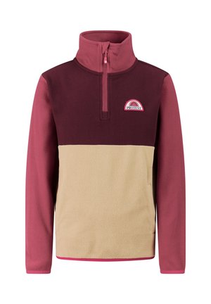 Fleece trui met een kwart rits, lange mouwen, colorblock in bordeaux, beige en roze, met een klein "Protest" logo op de borst.