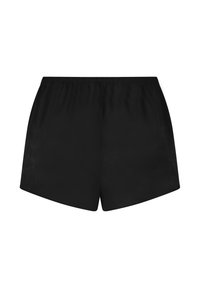 Zwarte sportshorts met een elastische tailleband, een gladde textuur en een losse pasvorm voor comfort en bewegingsvrijheid. Geen zichtbare patronen.