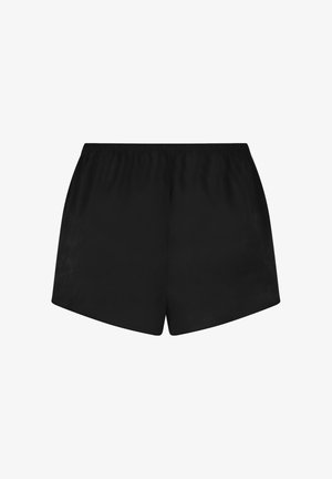 Schwarze Sportshorts mit elastischem Bund, glatter Textur und lockerer Passform für Komfort und Bewegungsfreiheit. Keine sichtbaren Muster.