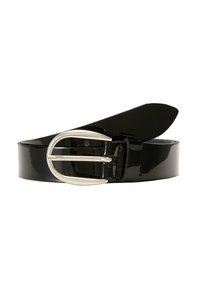 Zwarte patenteren leren riem met een glanzende afwerking, brede band en een ronde zilveren gesp. Kenmerkt zich door een schone en soepele textuur.