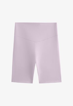Pantaloni da bicicletta di colore lilla chiaro realizzati in tessuto morbido e elastico. Presentano un'alta vita con un design a forma di V e una lunghezza fino al ginocchio.