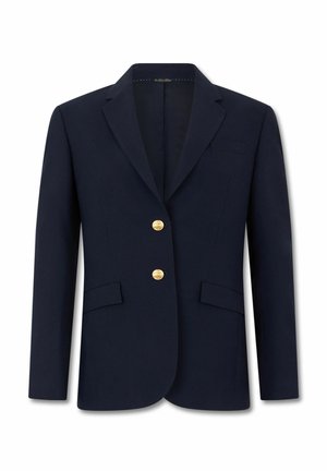 Marineblauer, maßgeschneiderter Blazer mit Kerb-Revers, zwei goldenen Knöpfen, zwei vorderen Pattentaschen und einer Brustleistentasche, auf weißem Hintergrund präsentiert.