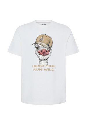 White t-shirt with a cartoon ostrich wearing a tan cap featuring a skull, and text below saying "HEAD HIGH RUN WILD."