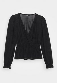 Černá blůza s výstřihem do V, dlouhými puff rukávy a peplum pasem. Vyrobena z průsvitné tkaniny s tečkovaným vzorem po celé ploše.