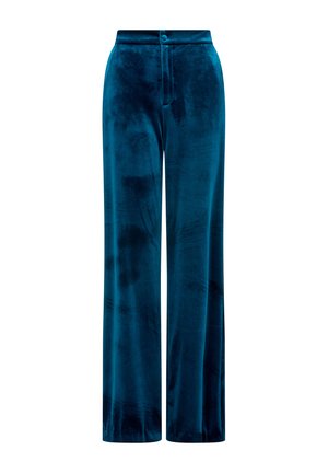 Velvet wide-leg trousers in deep teal, featuring a smooth texture, a button closure, and a high waist design.