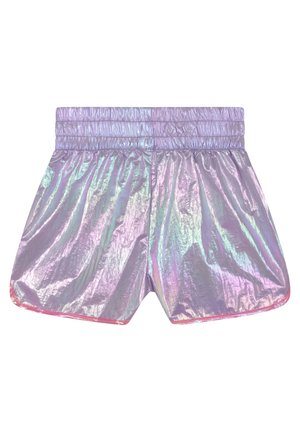 Lavendel højtaljede shorts med en skinnende, iriserende finish, der har en elastisk talje og lyserød kant langs kanten.