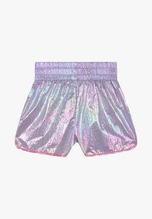 Shorts lavanda a vita alta con una finitura lucida e iridescente, dotati di un elastico in vita e di un bordo rosa lungo l'orlo.
