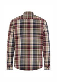 Langarmshirt met een meerkleurig ruitpatroon in bordeauxrood, marineblauw, groen en beige. Beschikt over een kraag en knoopmanchetten. Zachte stof.