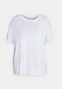 Loose-fit white t-shirt made of soft fabric. It features a round neckline and short sleeves with a subtle texture and slight sheen.