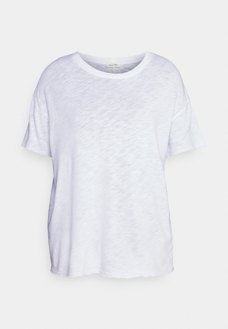 Loose-fit white t-shirt made of soft fabric. It features a round neckline and short sleeves with a subtle texture and slight sheen.