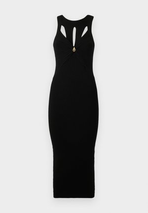 Black ribbed knit dress with a fitted silhouette, featuring keyhole cutouts and a gold accent at the center. Sleeveless design.