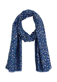 Bufanda azul marino con patrón floral en azul claro y dorado. Tela suave, con bordes con flecos y un diseño liviano y suelto.