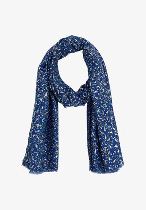 Écharpe bleu marine à motif floral en bleu clair et or. Tissu doux, bords frangés et un design léger et fluide.