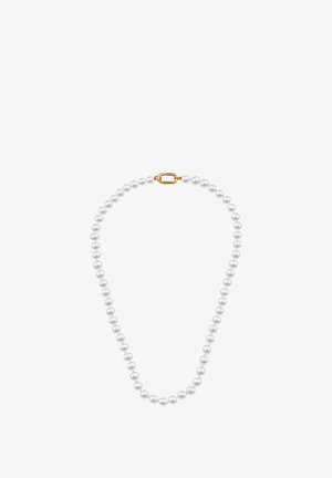 Naszyjnik perłowy z okrągłymi, białymi perłami i złotym zapięciem. Struna składa się z jednolitych koralików o klasycznym wzornictwie, oferując gładką teksturę.