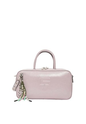 Borsa a mano rettangolare rosa chiaro con doppio manico, logo in rilievo, chiusura con zip e nappine decorative in cordoncino colorato sul lato.