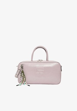 Borsa a mano rettangolare rosa chiaro con doppio manico, logo in rilievo, chiusura con zip e nappine decorative in cordoncino colorato sul lato.