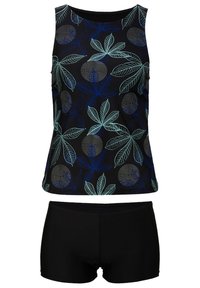 Ensemble de maillot de bain comprenant un débardeur avec un motif de feuilles noir, vert et bleu, accompagné de shorts noirs assortis, le tout confectionné en tissu lisse.