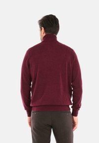 Maglione bordeaux con colletto alto e maniche lunghe, realizzato in materiale morbido. Presenta un bordo e polsini a coste.