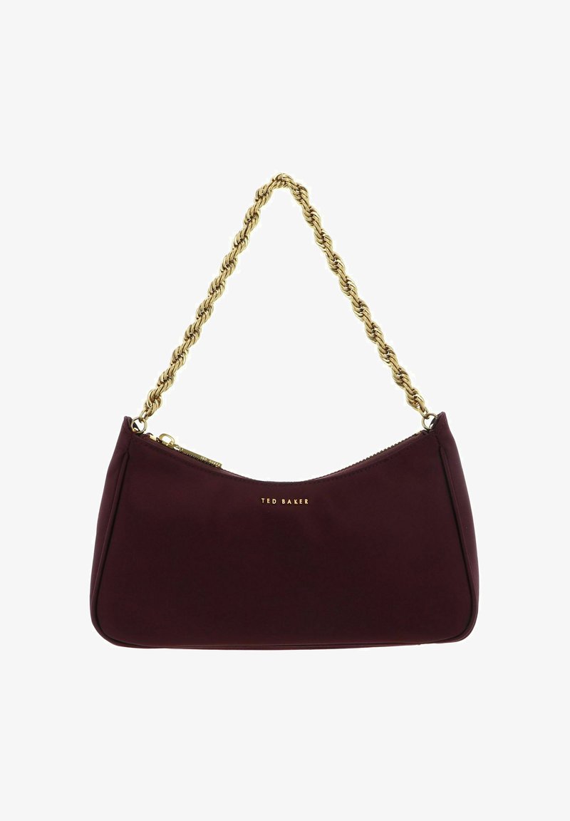 Bordeauxrode clutch met goudkleurige kettingband, ritssluiting en geperst "TED BAKER"-logo aan de voorkant. Gladde, gestructureerde oppervlakte.