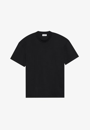 Zwarte t-shirt met korte mouwen en een ronde hals, gemaakt van gladde katoenen stof. Het ontwerp is eenvoudig, zonder patronen of accenten.