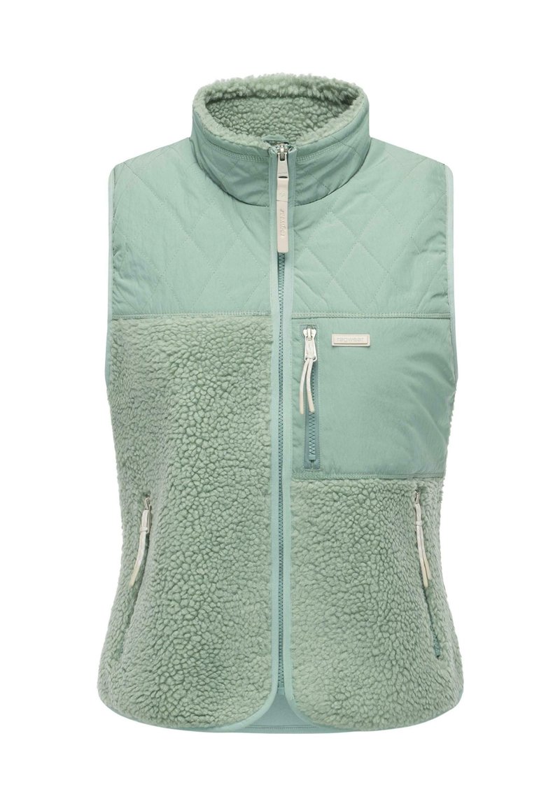 Light green vest featuring a quilted upper section and soft, textured fleece lower section, with zippered pockets and high collar.