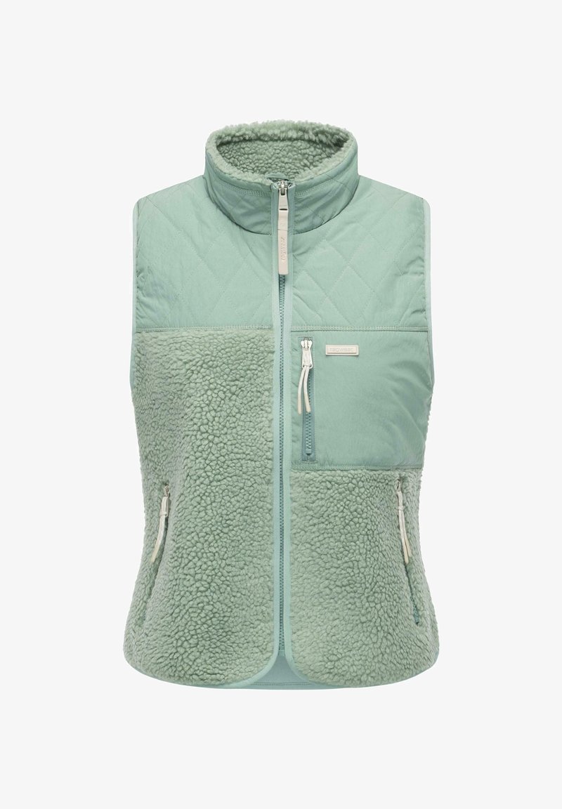 Light green vest featuring a quilted upper section and soft, textured fleece lower section, with zippered pockets and high collar.