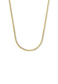 Collier en chaîne dorée avec un design torsadé et une texture lisse. La chaîne a une longueur standard et une épaisseur uniforme.