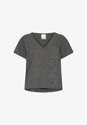 V-neck, short-sleeve gray t-shirt made of textured fabric with a chest pocket. The design features a slightly rounded hem.