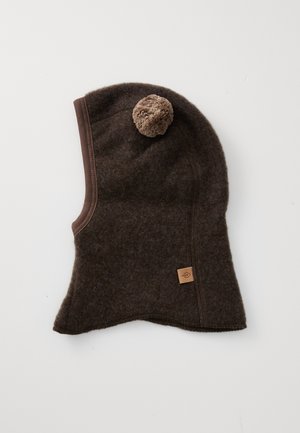 Brown fleece balaclava with a pom-pom on top and a small fabric tag on one side, displayed on a white background.