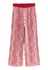 Pantalon large rouge et crème avec un motif en vagues et une taille élastique. Fabriqué à partir d'un tissu doux avec une finition texturée.