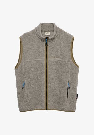 Jasnoszara kamizelka polarowa na suwak z dwoma bocznymi kieszeniami, niebieskimi zapięciami zamka i brązową lamówką wokół pach i zamka.